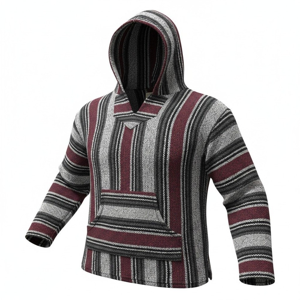 Iguana Jack Baja Hoodie Mens Large Burgundy Black Striped Excellent Pullover